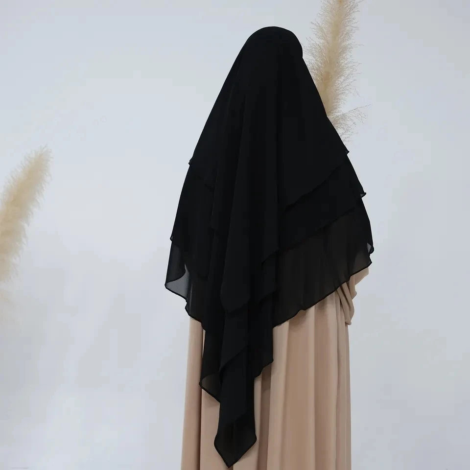 LangChi 3 Layers Overhead Chiffon Tie Back Khimar Islamic Hijab Plain Prayer Scarf Muslim Women Long Niqab Jilbab Khimar