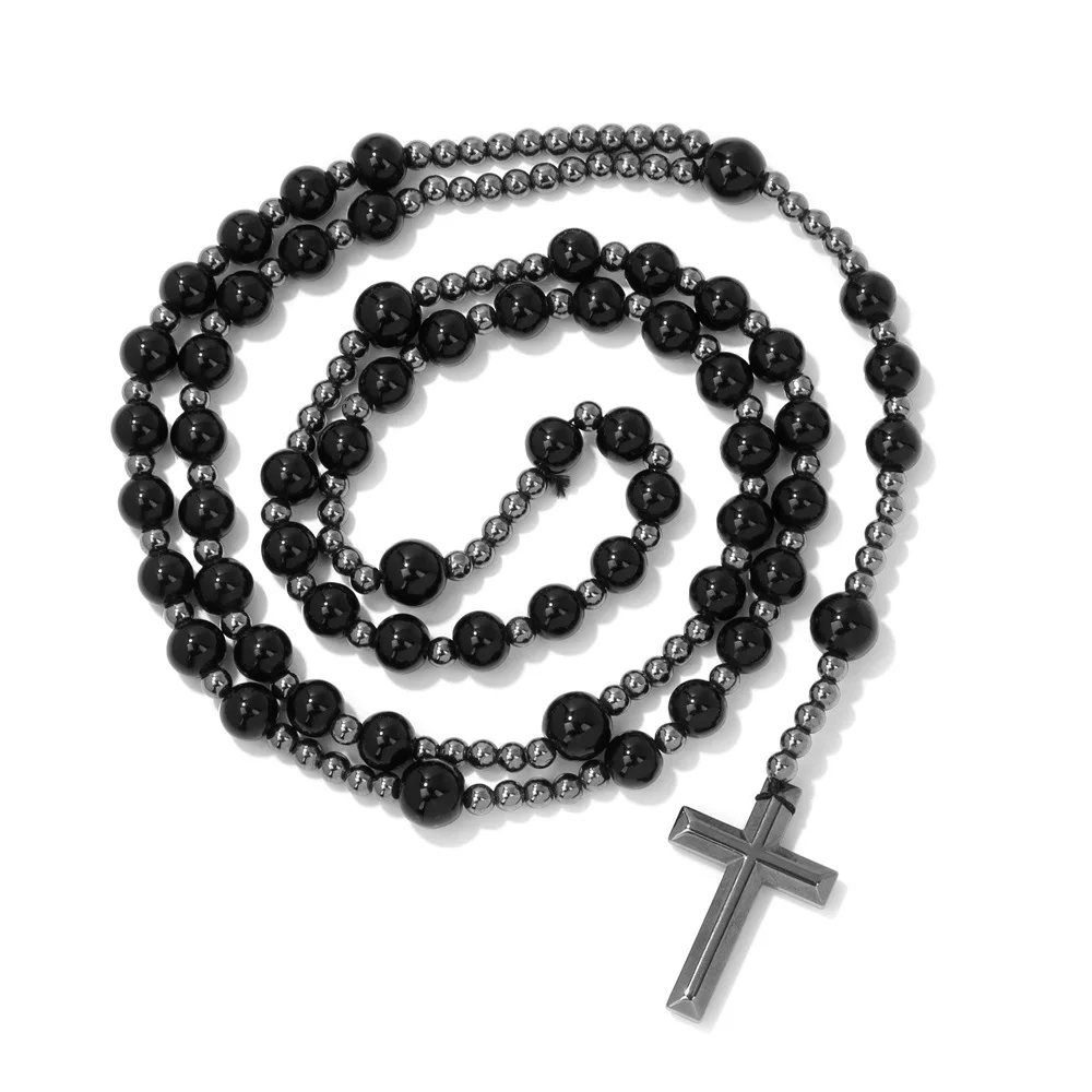 2024online hot sale natural hematite crystal muslim rosary necklace cross pendent charm tesbih prayer beads bracelet necklace