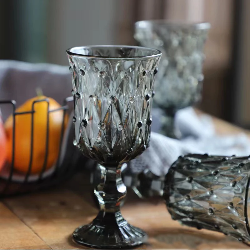 Vintage Lead-free Green Milk Purple Gray Fruit Bubble Wine Glass Embossed Colored  Wedding Wine Glass Red Wine Goblet Glass