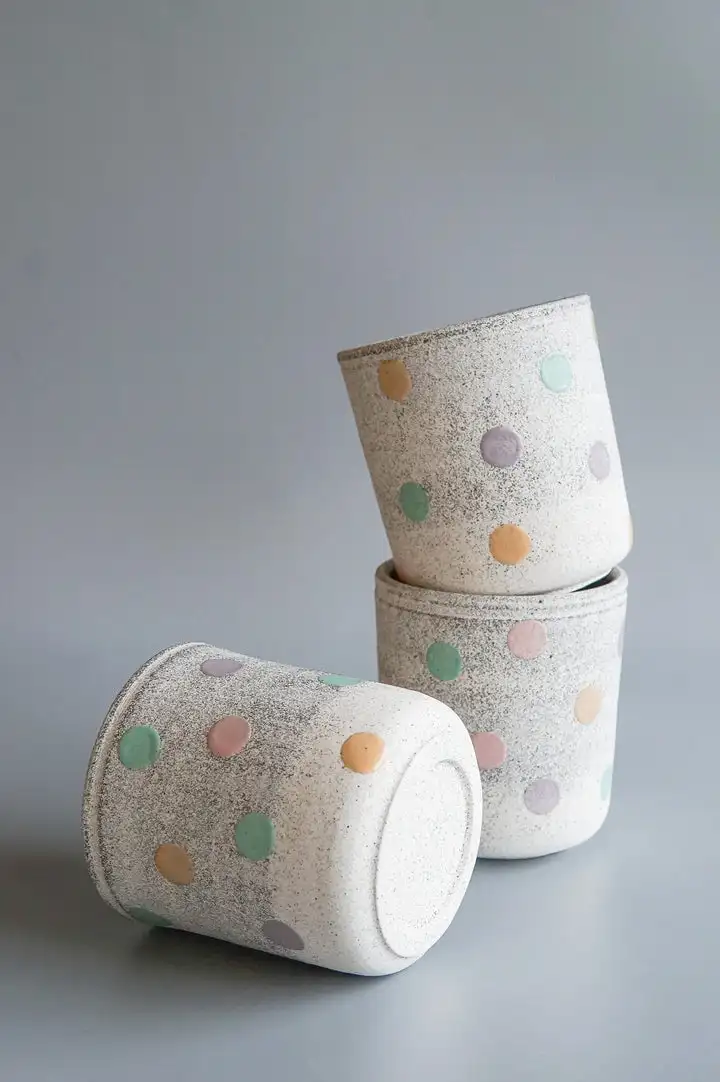 New Product Purple Interior Coffee Cup Handmade Colorful Polka Dot Clay Pottery Drink Water Tea Mug