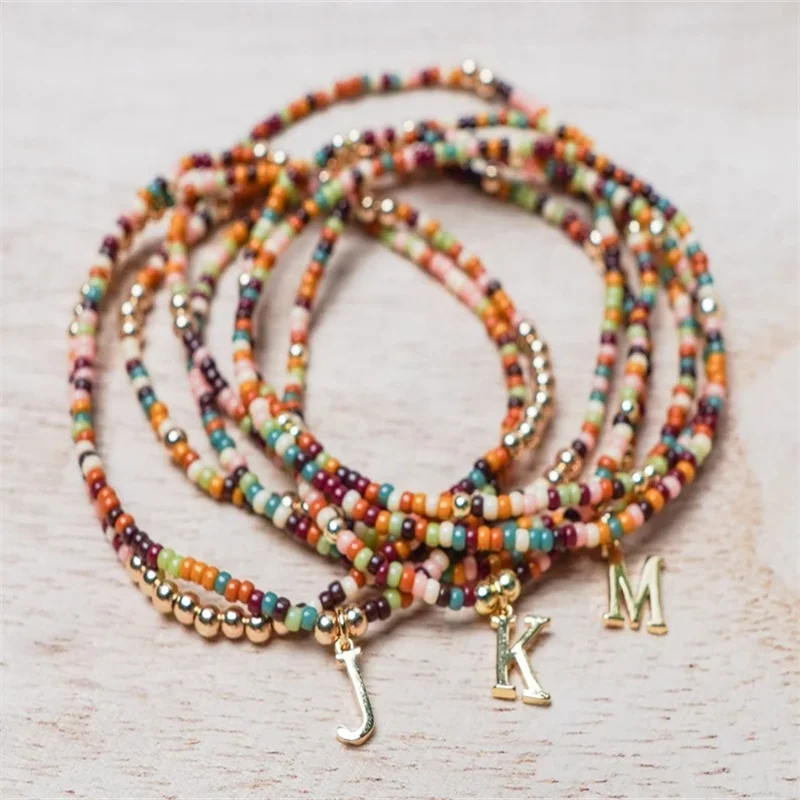 Minimalist Dainty Gold Letter Charms Bracelet Personalized Initial Bracelet Boho Rainbow Beaded Stacking Bracelet