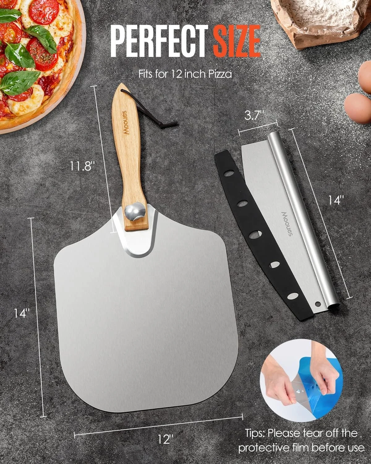 OEM&ODM Aluminum Pizza Peel with Foldable Handle Pizza Paddle Cutter Sharp Slicer Knife Rocker Blade Cover Oven Baking