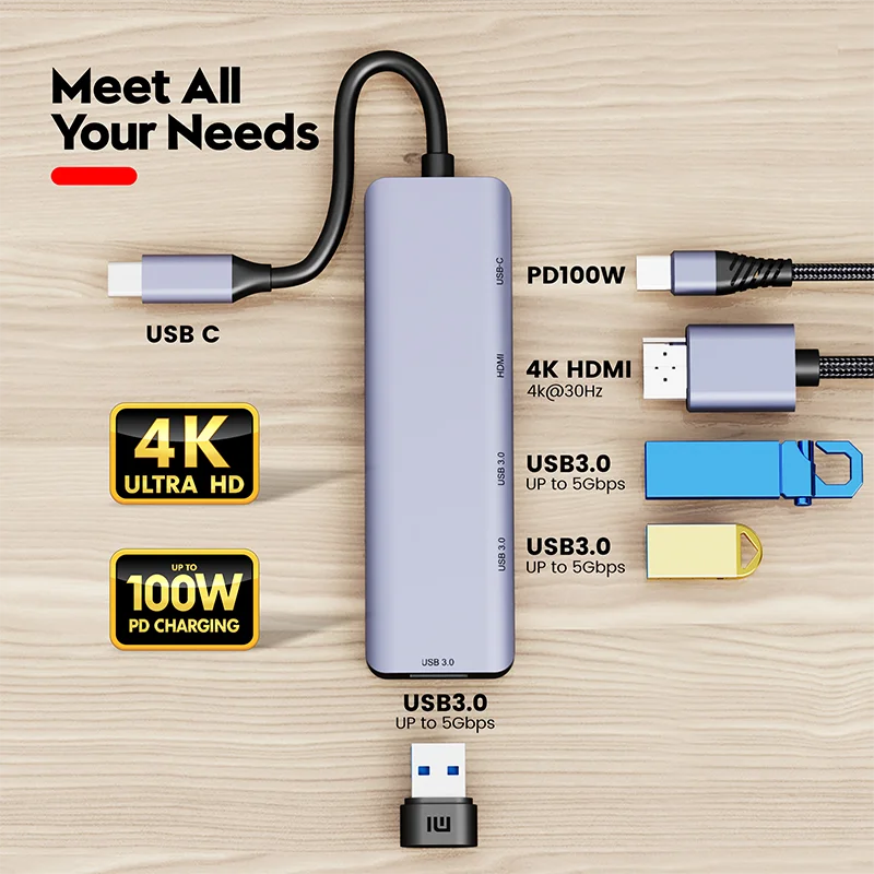 5 in 1 USB C Hub Laptop Docking Station with 4K HDMI 2 USB 3.0 Port 100W Power Delivery for MacBook Pro iPad Pro