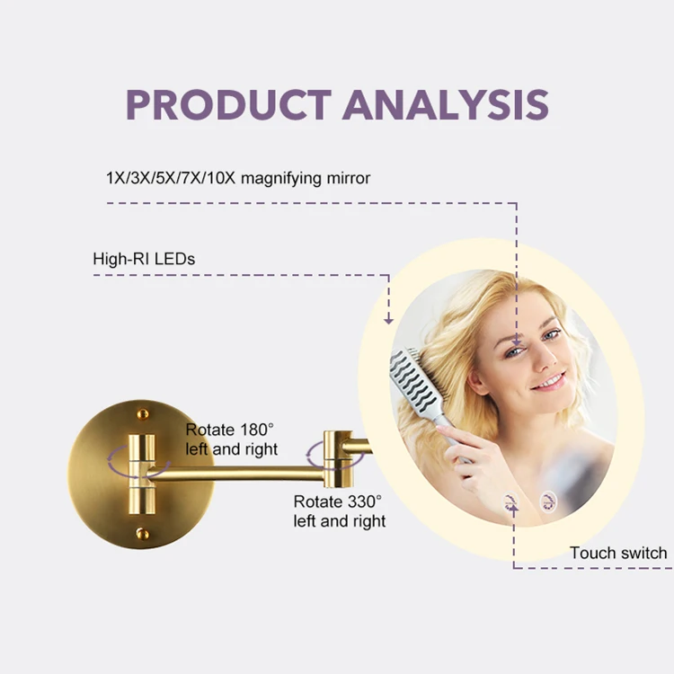 85v~265v Stainless Steel Acrylic Touch On/Off Switch 9.5 Inch 5.5w Led Light Copper Color Led Mirror