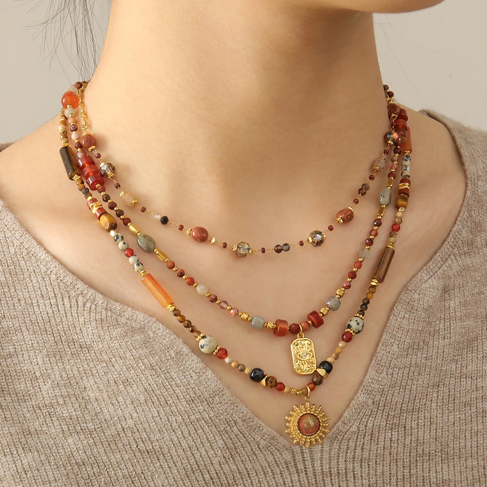 fashion tiger eye stone spotted stone red agate handmade sun pendant beaded necklace trendy