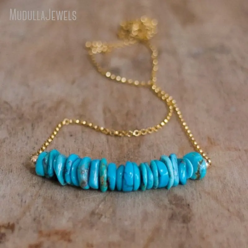 NM42387 Turquoise Bar Necklace December Birthstone Genuine Arizona Turquoise Jewelry Rustic Raw Turquoise Necklace Women Gift