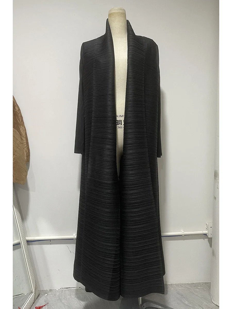 Pleated Turndown Collar Long Sleeve Cardigan Dress Long Coats Women 2024 New Fashion Loose Large Size Clothes