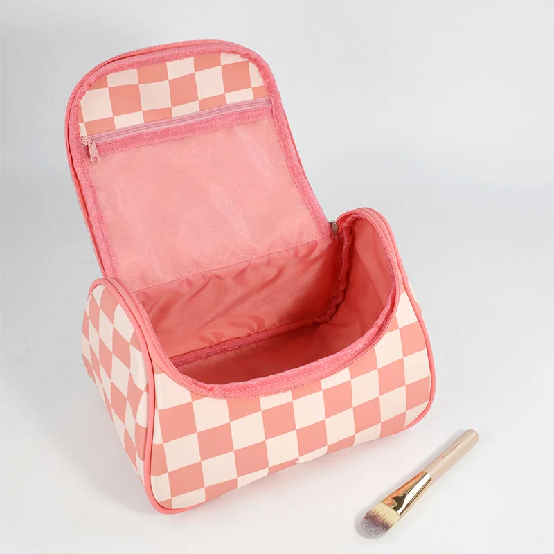 Custom Checkered print Travel Ladies Large Cosmetic organize High Quality Waterproof Nylon Makeup Bag