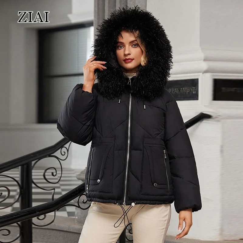 Wholesale Oversize Black Short Puffer Coat with Big Fur Hood Zippered Puffer Jacket Coat Short Puffer Coat