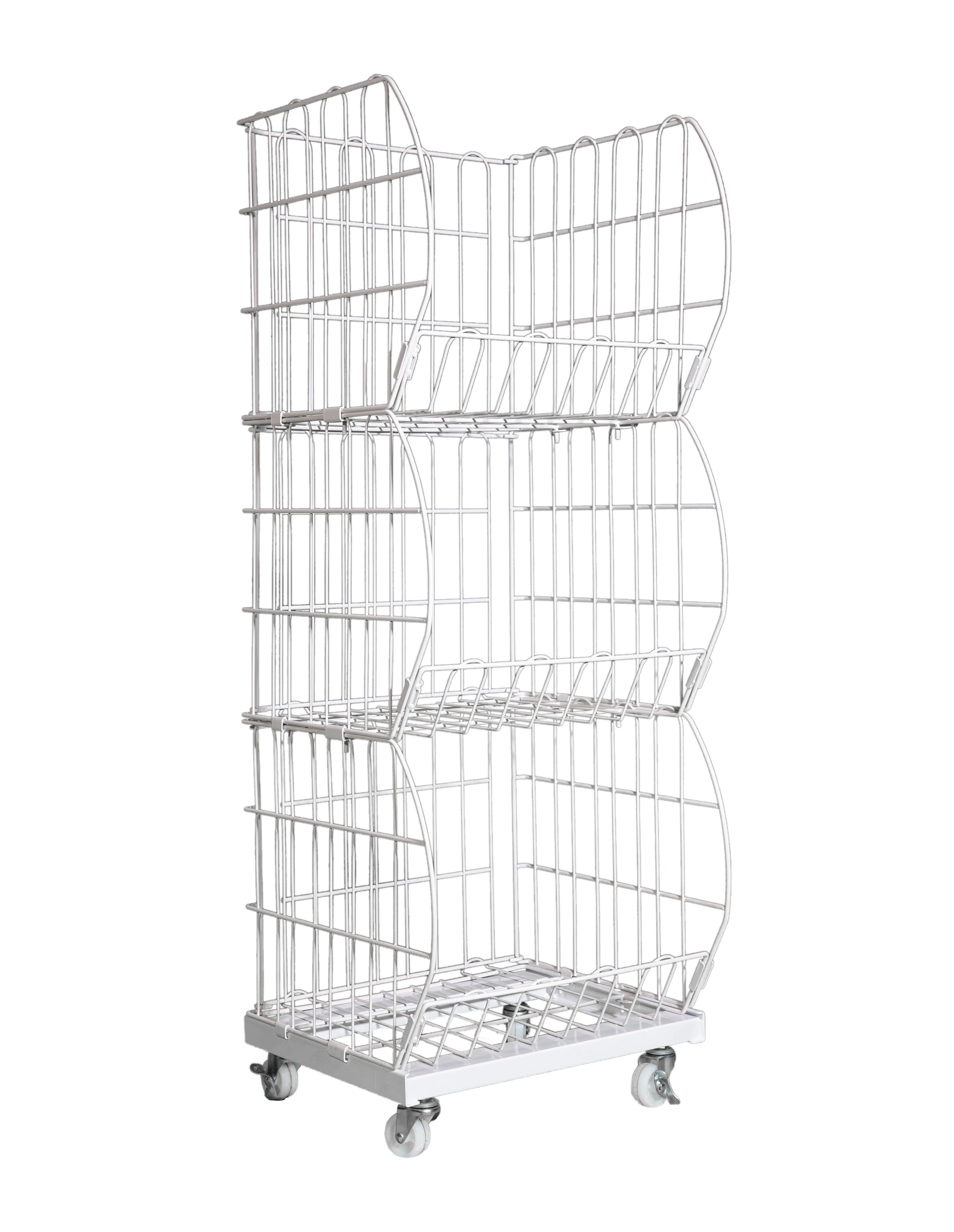 3-Tier Retail Display Rack Wire Mesh Market Basket with Wheels round Metal Shelf for Store Stand