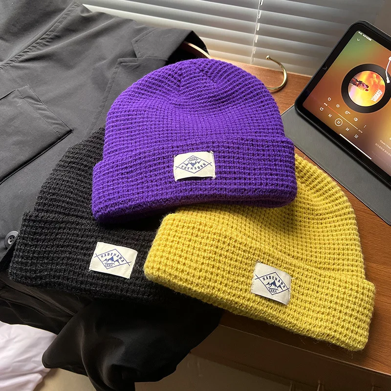 sport new fashion waffle knitted beanie hat logo embroidered mens knit cuff waffle knit beanie hat