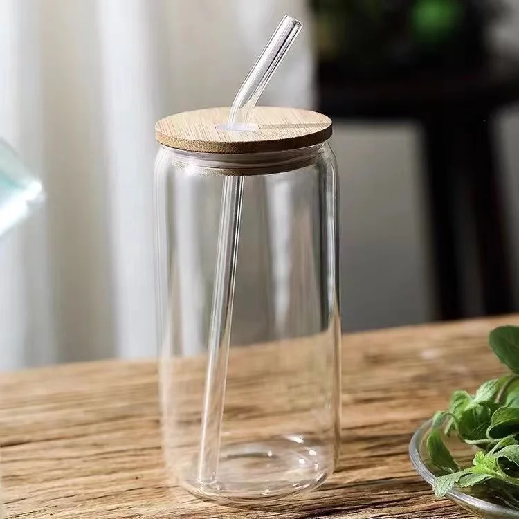 Manually blown beer can borosilicate  glass 16oz with lid and straw, Multicolor drinking glass with bamboo lid