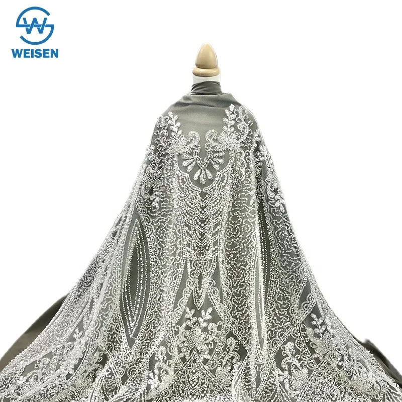 Luxury White Selected Shiny Crystal Sequins Bridal Dress Wedding Dress Lace Embroidery Bead Tulle Swiss Lace Fabric WS4296