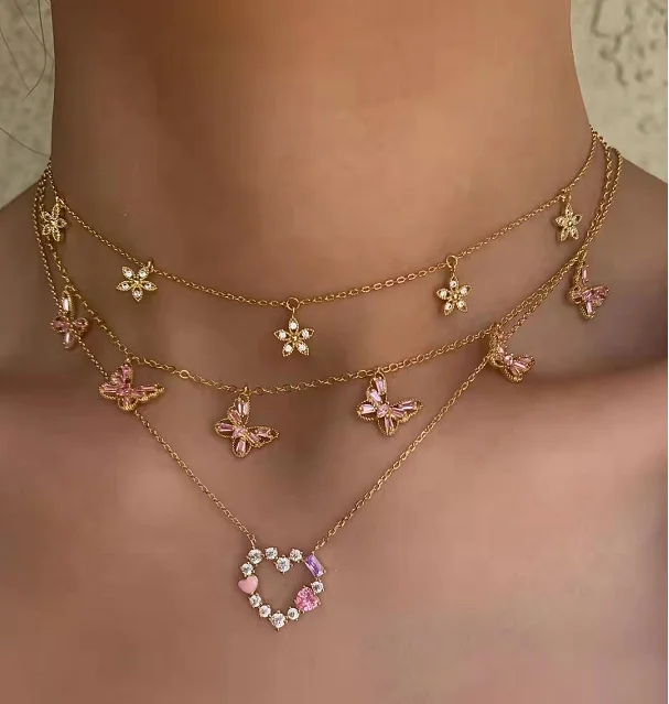 Dainty Luxury Jewelry Women Multi Butterfly Charms 18 K Gold Stainless Steel Custom Color CZ Zircon Crystal Butterfly Necklace