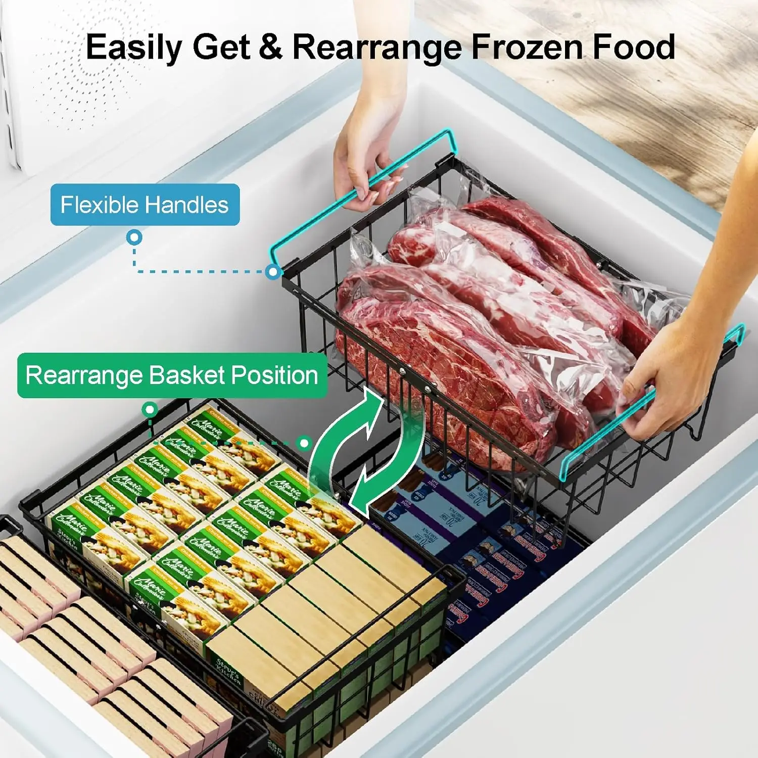 Large Expandable Stackable Deep Freezer Organizer Bins Sort and Easily Get Food with Handle