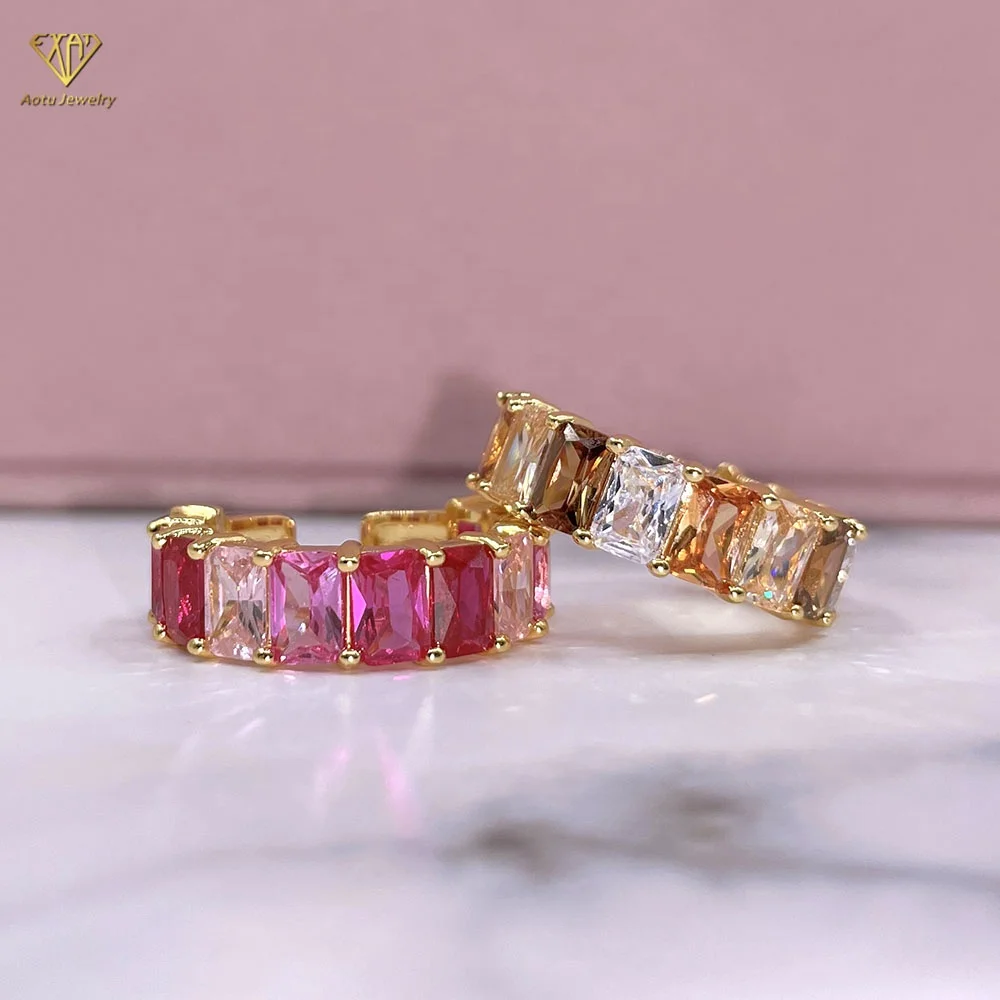 18K gold plated red corundum colorful baguette cz diamond open rings