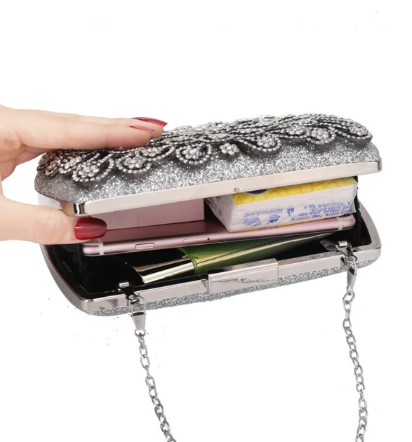 Wholesale evening clutch bags with crystal silver flower evening clutch women bags wedding shiny party bags