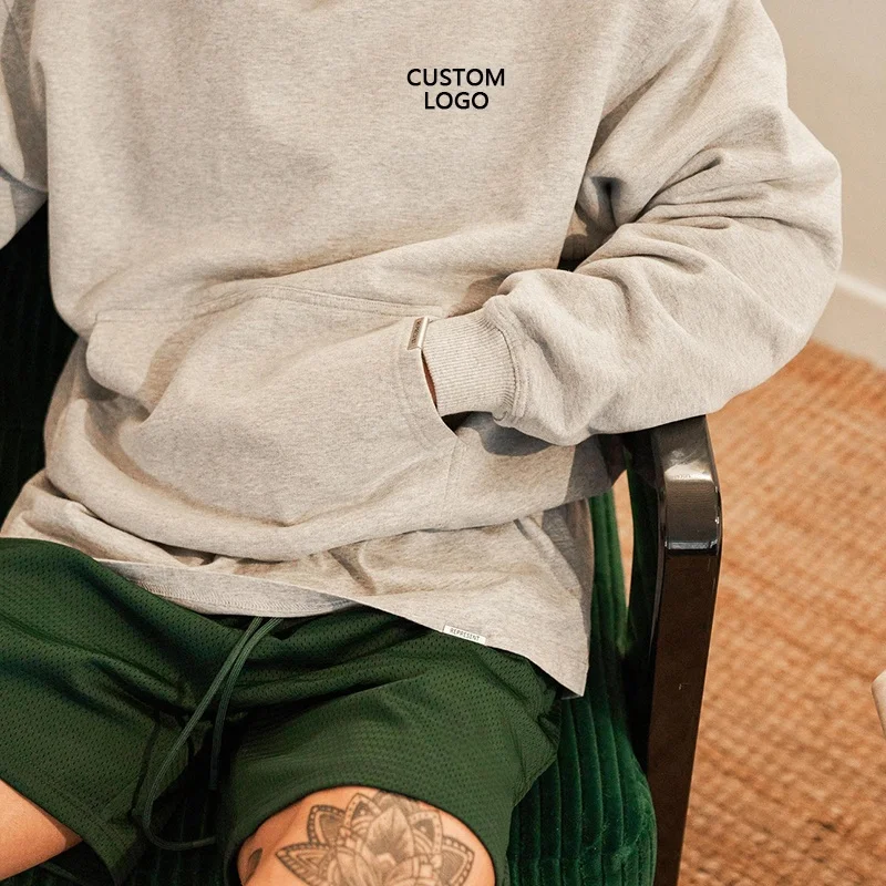 Wholesale Custom Casual Lightweight Grey Plain Fleece Sportswear Logo Sweat Mens Boxy Hoodies French Terry Crewneck Sweatshirt M