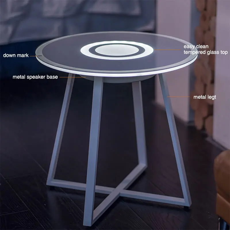 LED Sound Home Theater Audio Speaker End Tables Tempered Glass Matt Iron Legs HiFi Touch Control Music Coffee Table with Lights