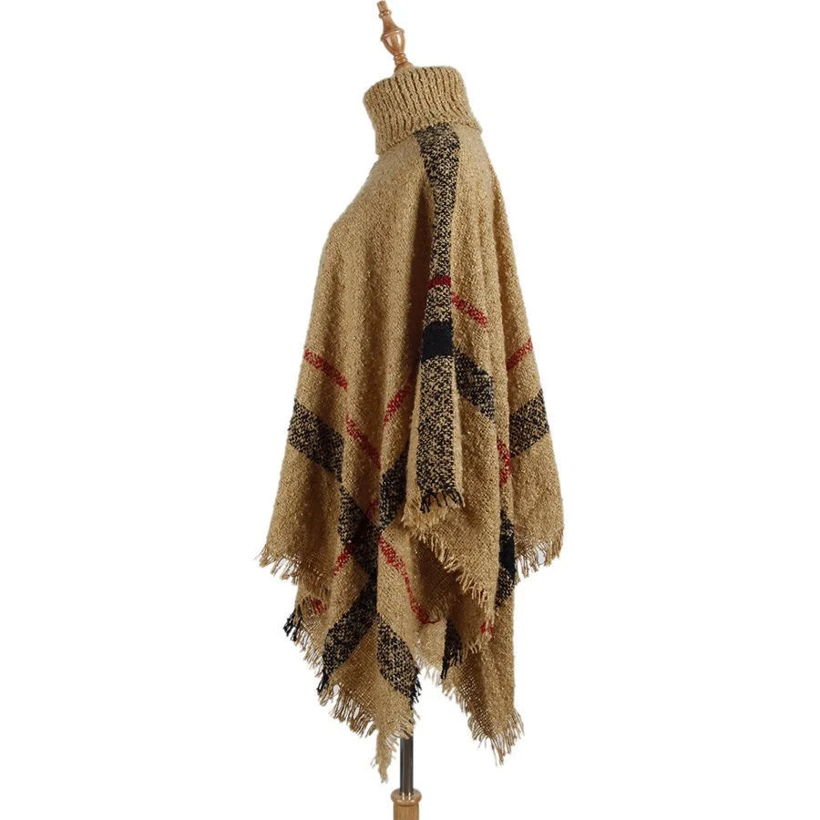 
Top Women Neck Turtle Cloak Sleeveless High Neck Plaid Poncho Sweaters With Tassel 