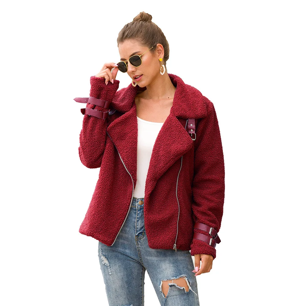 KYB9192 2019 autumn and winter motorcycle jacket faux fur teddy zipper women jacket coat