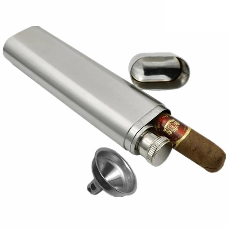 Factory Hot Sale 1 Cigar Holder 2oz 304 Stainless Steel Tube Flask Combo Pocket Container Brushed Cigar Flask