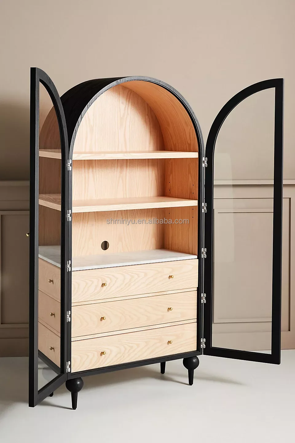 Luxury Restaurant Furniture Mid century-style Solid oak Double glass Door Storage Cabinet For House