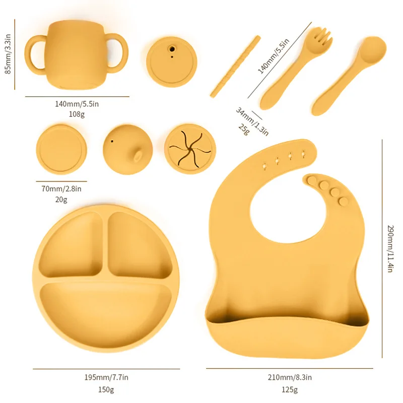 New Baby Gift Sets BPA Free Printed Logo Wholesale Training Tableware Babi Plate Bowl Bibs Products Silicone Baby Feeding Set