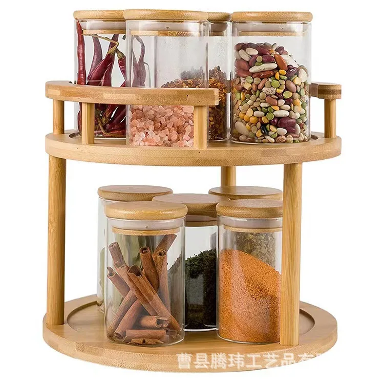 Bamboo Kitchen Shelf Home Wooden Spice Rack 2 Layer Rotating Tray Cabinet Spice Kitchen Storage Racks Removable