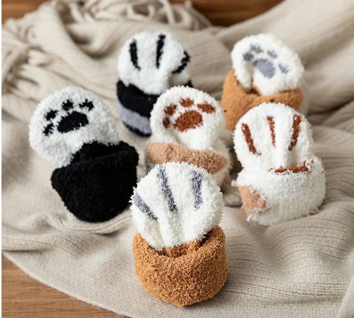 plush coral fleece socks female tube socks autumn and winter cat claws cute thick warm sleeping floor sleep socks for lady