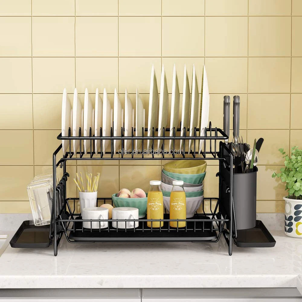 Home Organizer 2 Tier Dish Drying Rack Standing Type For Kitchen With Cup Holder And Drain Board Set