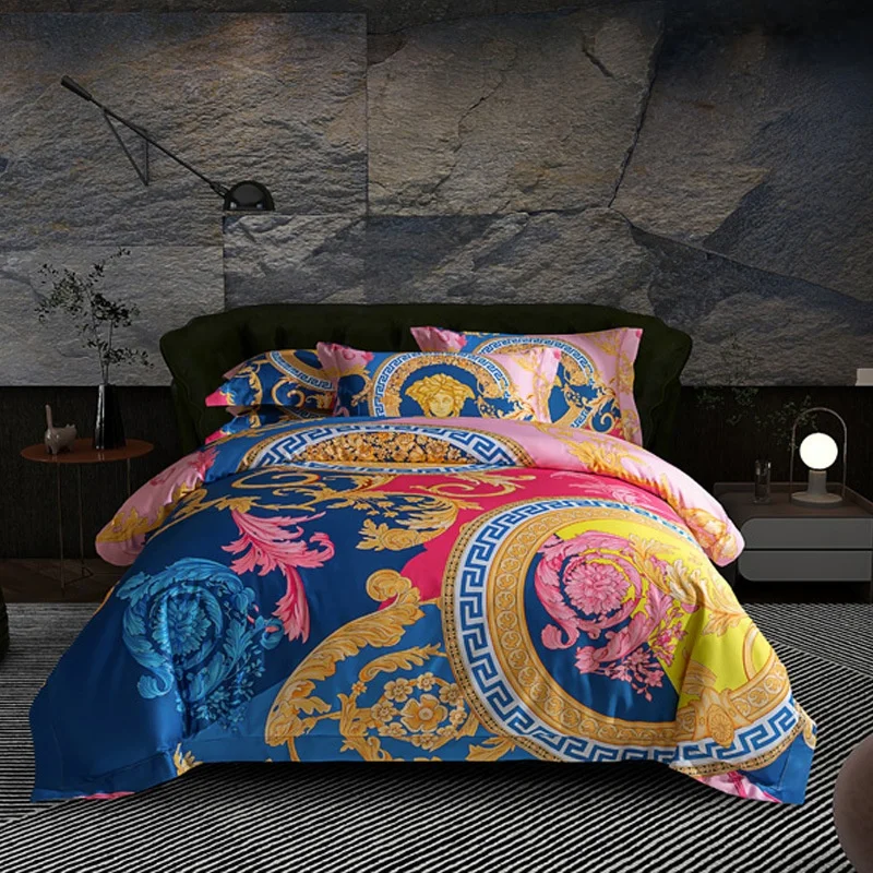 Luxury 100S Cotton Bedding Set baroque Style-E Digital Printing Duvet Cover with Zipper Closure Bed Sheet Pillowcases Set