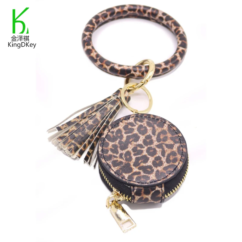 Creative Portable Cosmetic Bag Leopard Printed Keychain clasp Leather Mirror Makeup Case Keytag Leather Charm Bracelet Keyring