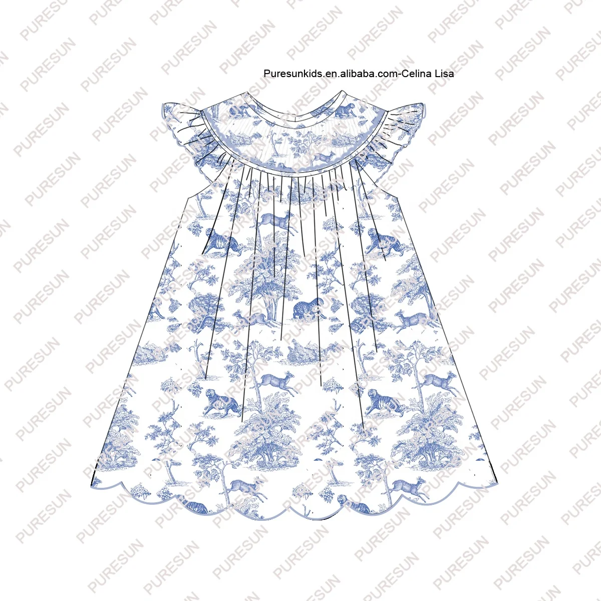 Puresun custom kids clothes animals tiger toile girls smock bishop romper newborn baby girl flutter sleeves bubble rompers