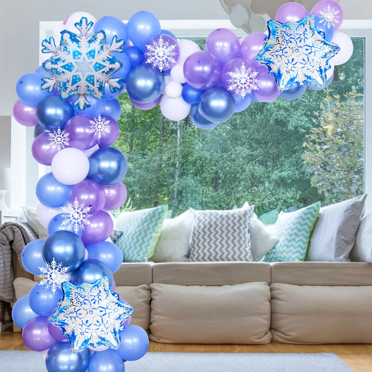 Frozen Themed Balloons Set Christmas Balloons Chain Decorative Christmas Snowflakes Blue Balloons Garland