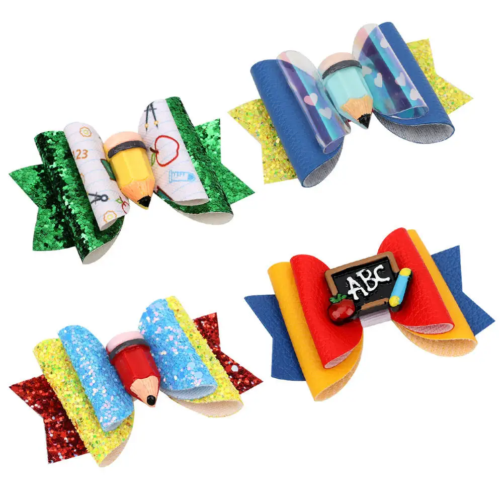 JIRIS Wholesale New 3 Inch Hair Glitter Bows For Girls Pencil Back To School Glitter Bow Hair Clips For Children Kids