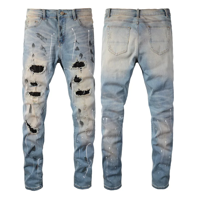 high quality 2023 New design jeans Light blue paint pans denim Classic color Ripped pans slim jeans hole  damage