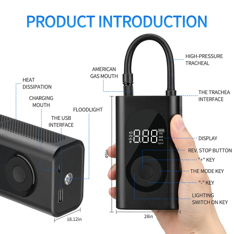 Portable Air Pump Tire Compressor Mini Electric Inflator with Digital LCD Pressure Rechargeable Battery 2000mAh For Power Bank