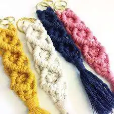 Lovely Natural Boho Macrame Keychains 100% Pure Cotton Rope Handmade Embossing Printing Key Chain Accessories for Purse or Car