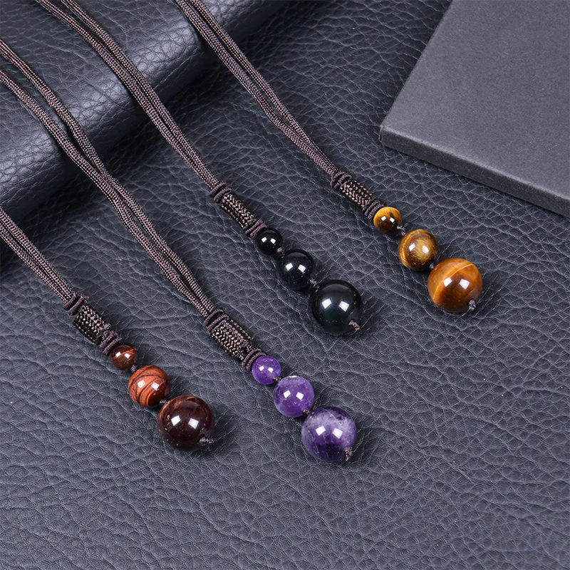 Tiger Eye Stone Pendant Necklace Bracelet Natural Amethyst Jewelry Set Adjustable for Men and Women