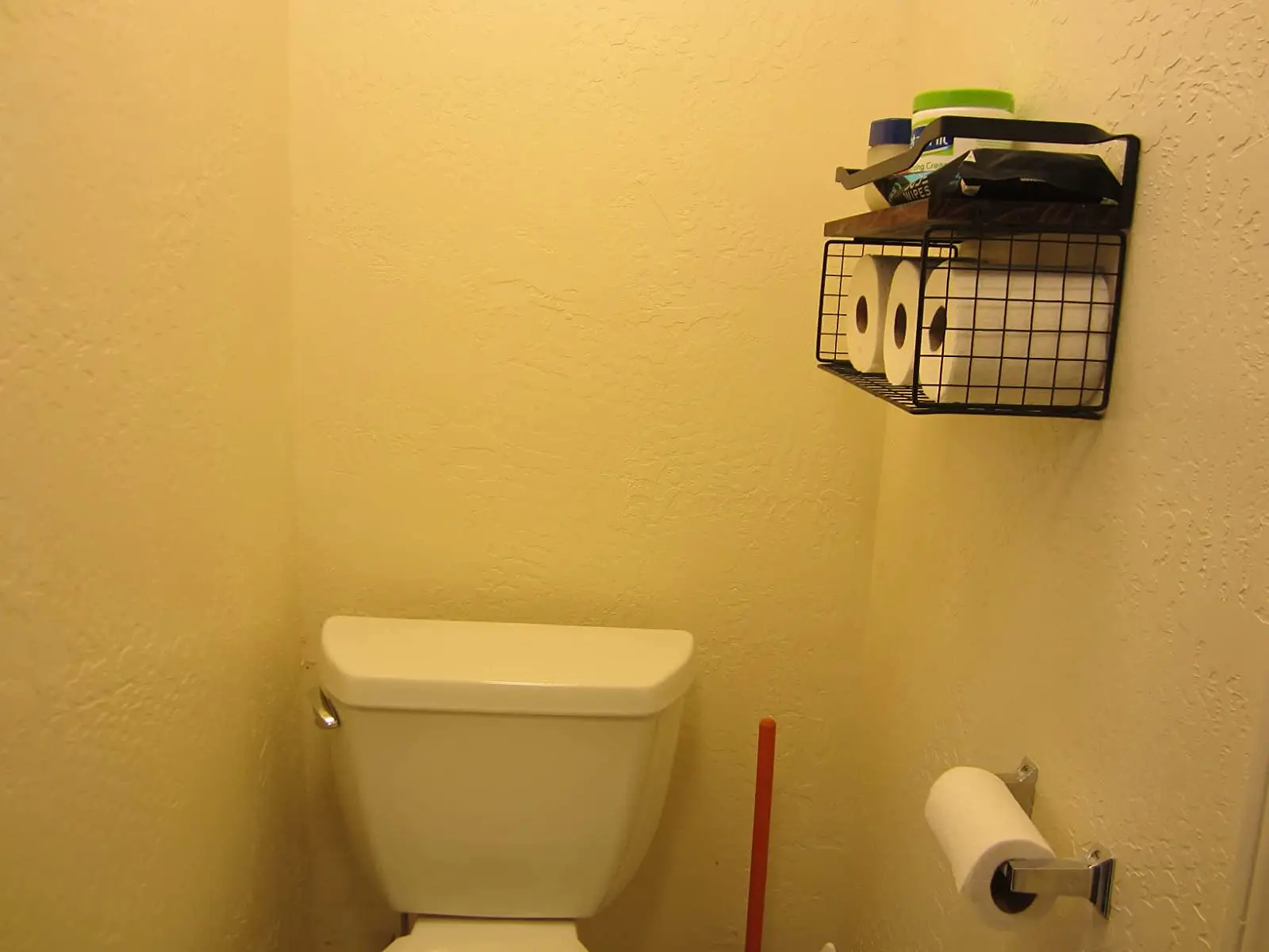 Wire Storage Basket Floating Shelves Wood  bathroom Wall Shelves