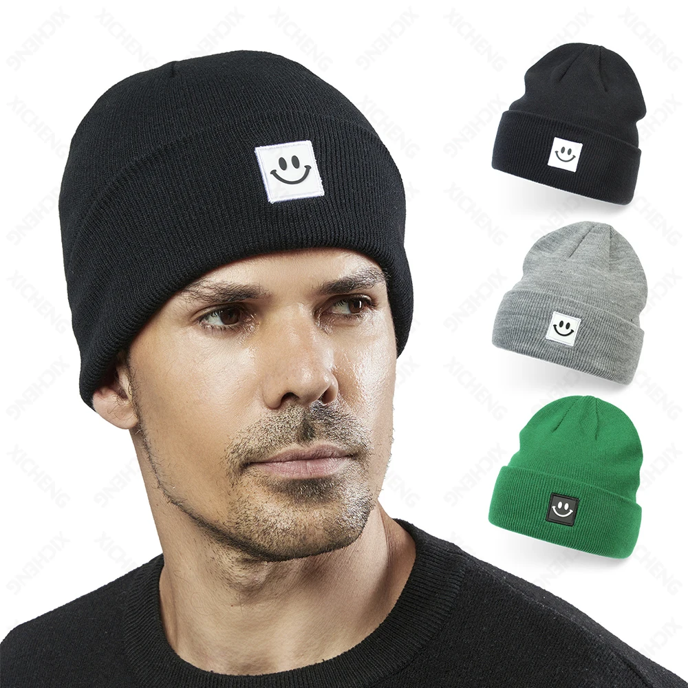 High Quality custom cartoon smile embroidery logo winter warm acrylic high elastic beanie knitted hat for men and women