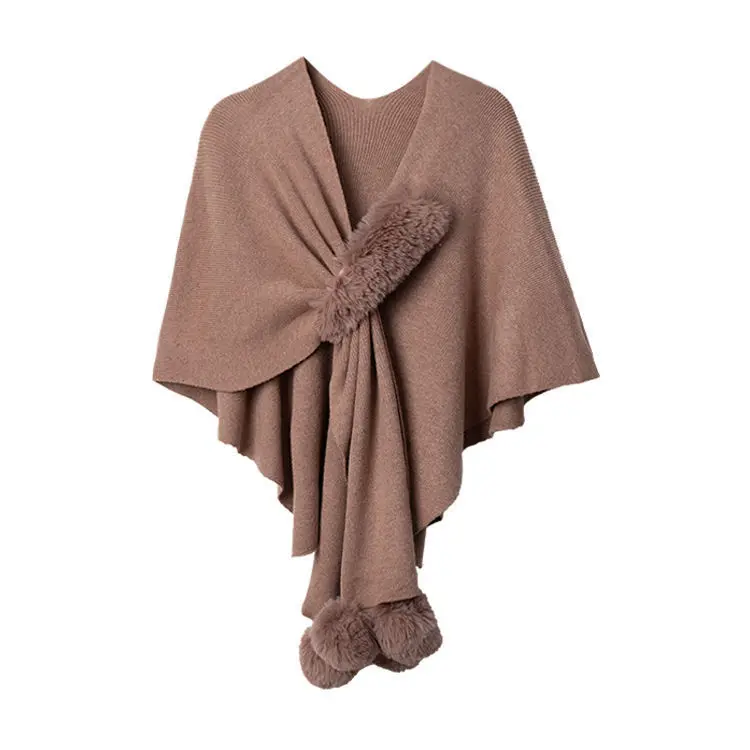 ZDFURS*New Women irregular Knitted Sweater Shawl With Faux Fur Pom pom Cashmere Sweater Cape Female Winter Pashmina Wraps