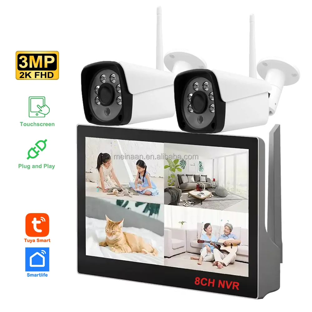2CH 3MP Wireless WiFi Touchscreen LCD NVR Home IP Camera System Outdoor Tuya Smartlife Wireless Security CCTV Camera Systems