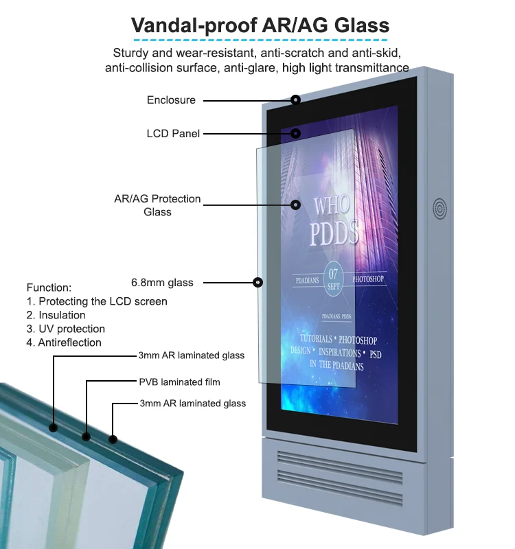 75 Inch Floor Stand Auto Brightness Control Digital Signage Exterior with Tempered Glass