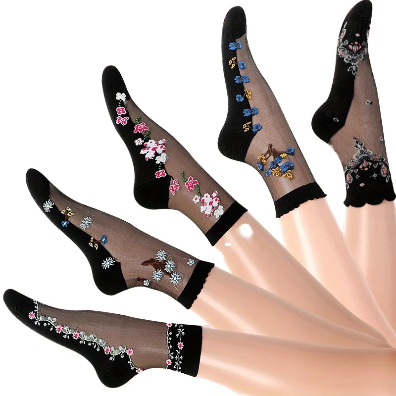 Fashion Popular Summer Ice Silk Sheer Trend Flower Transparent Lace Socks Women Spring Summer Mesh Socks