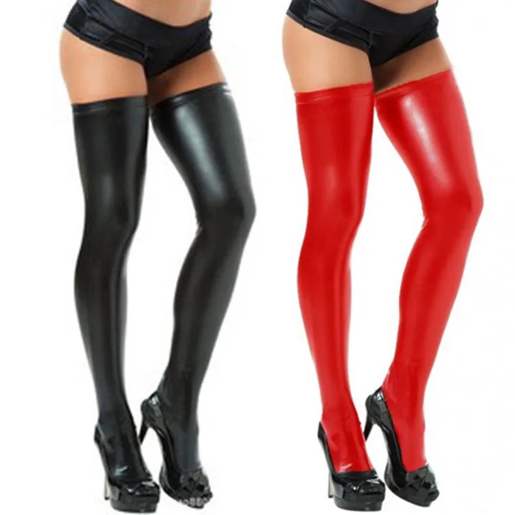 Sexy Stretch Long Tube Seductive Sexy Black Patent Leather Socks Sexy Items Bondage Stage Performance Socks