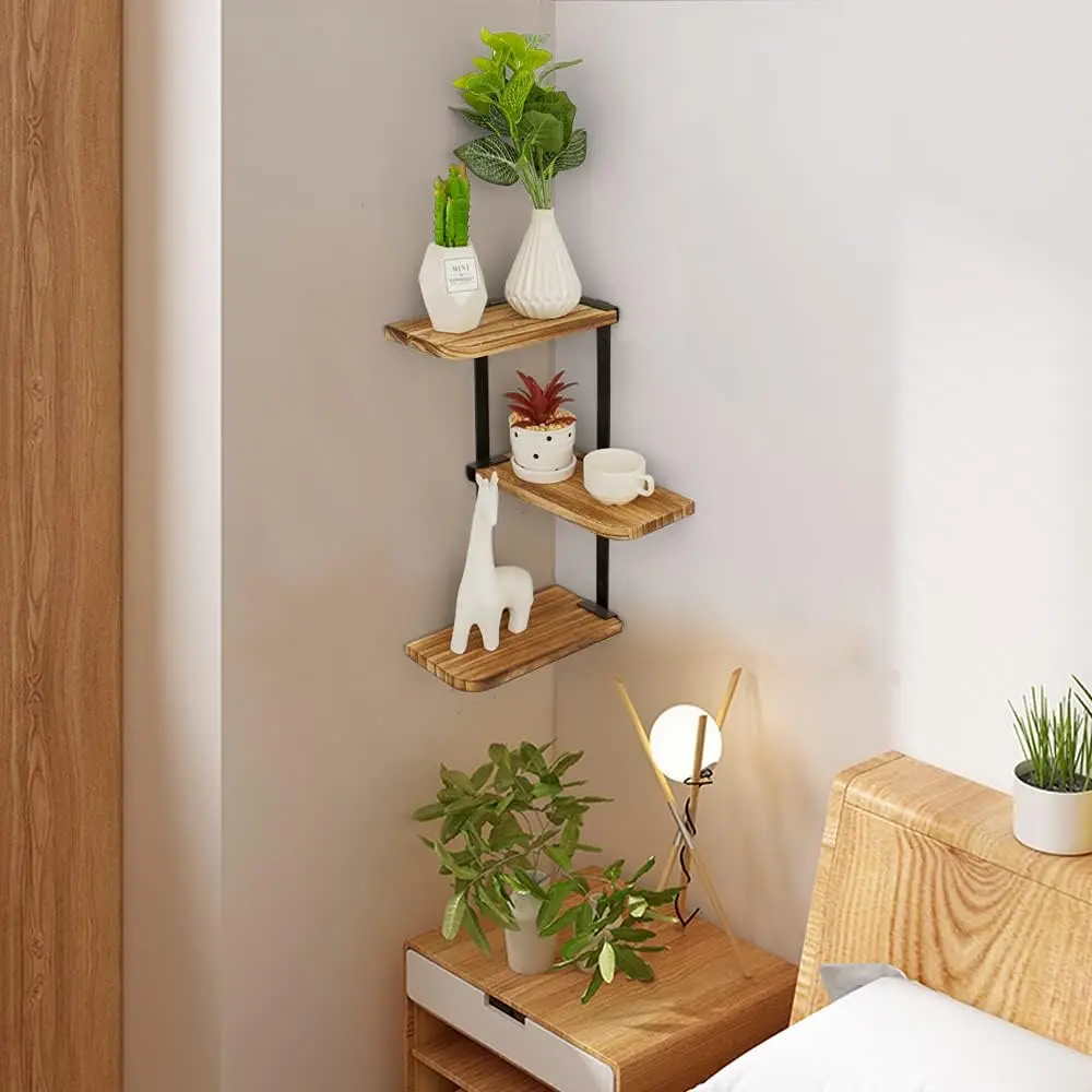 Coral Flower Wall Mount of 3 Tier Rustic Wood Floating Shelves for Bedroom Living Room Bathroom Kitchen Office