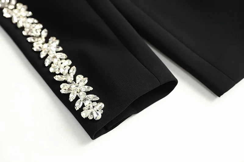 Lady Stylish Fine Workmanship Rhinestone Shoulder Sleeve Office Wear Single Button Blazer Flared Pants  2 Pieces Sets Women