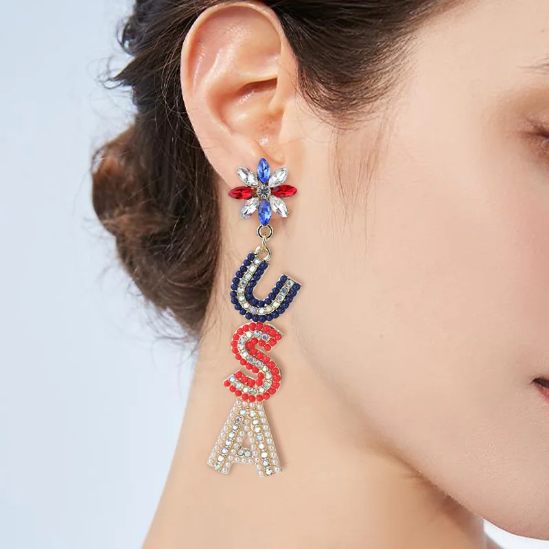 Hot Sale Personalized Beaded Tassel Earrings Independence American Flag Patriotic Pendant Earrings Letter USA Earrings Women
